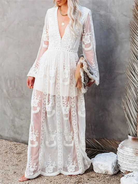 Lace Floral Mesh See Through Summer Deep V-neck Lantern Sleeve Beach Female Vestidos WHITE / S