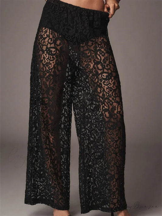 Lace Floral Net Transparent Black Wide Leg Pant BLACK / S pant-250223