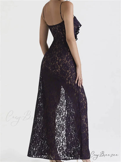 Lace Floral See Through for Women Sexy Sleeveless Strap V-neck Ruffles Patchwork High Split Vestidos