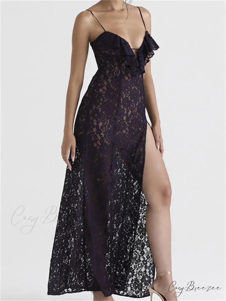Lace Floral See Through for Women Sexy Sleeveless Strap V-neck Ruffles Patchwork High Split Vestidos
