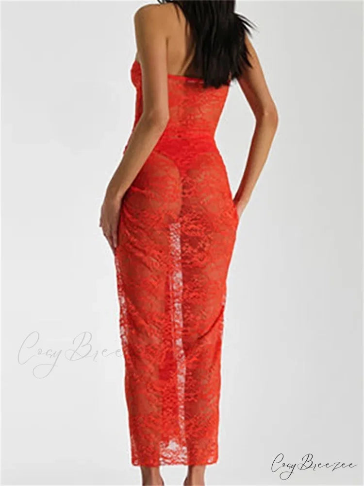 Lace Floral See Through Tube Summer Party Clubwear for Women Strapless Off Shoulder Ruched Push Up Vestido