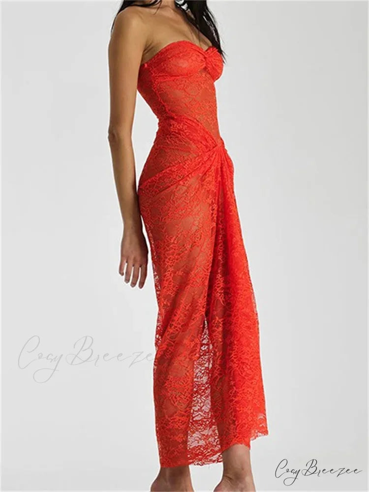 Lace Floral See Through Tube Summer Party Clubwear for Women Strapless Off Shoulder Ruched Push Up Vestido