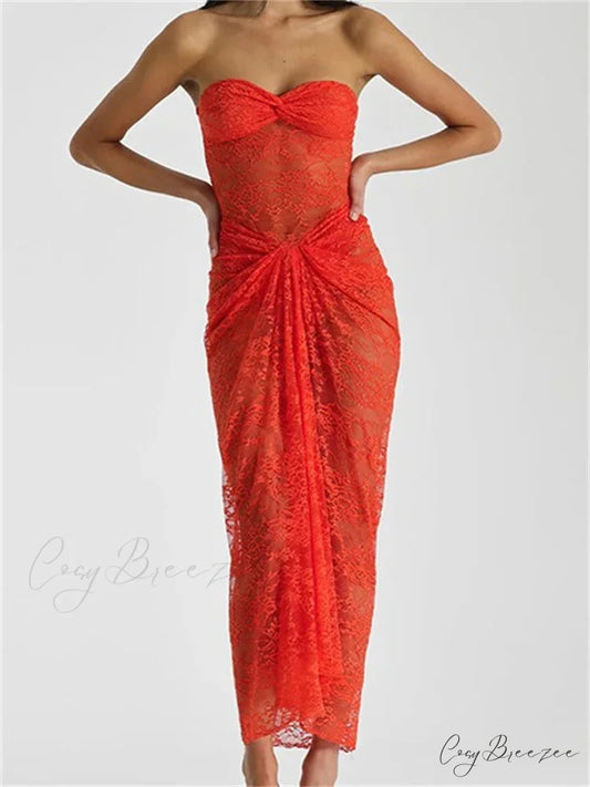 Lace Floral See Through Tube Summer Party Clubwear for Women Strapless Off Shoulder Ruched Push Up Vestido Orange / S