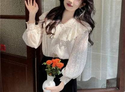 Lace Frilled Edge Long Sleeve Delicate Blouse blouse-250126