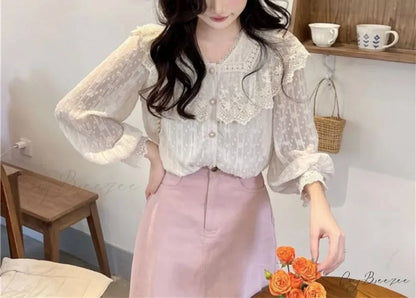 Lace Frilled Edge Long Sleeve Delicate Blouse blouse-250126