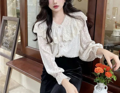 Lace Frilled Edge Long Sleeve Delicate Blouse blouse-250126