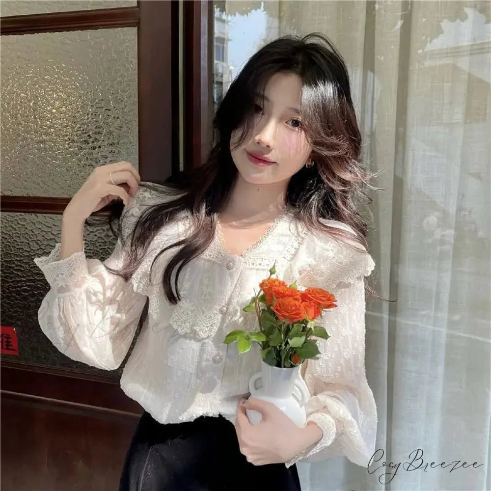 Lace Frilled Edge Long Sleeve Delicate Blouse Beige / S blouse-250126
