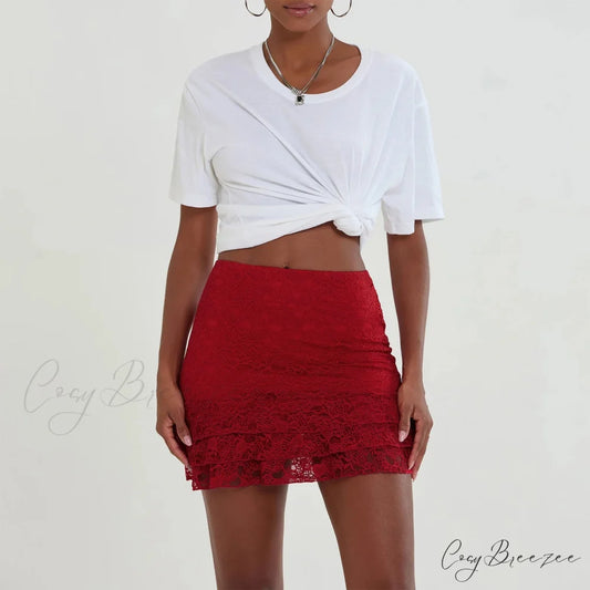 Lace Frills Elevated Waist Skirt Red / S skirts-250223