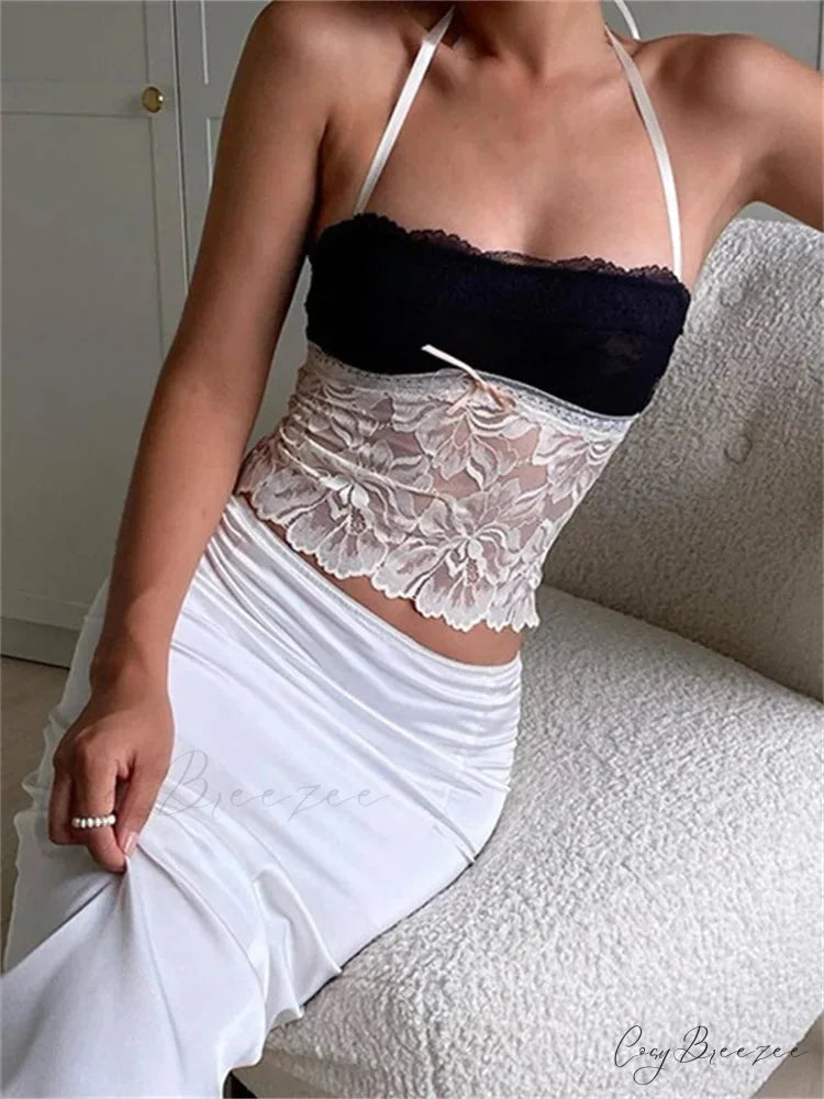Lace Halter Tie-up Backless Patchwork Tank Top BLACK / S croptop-250126