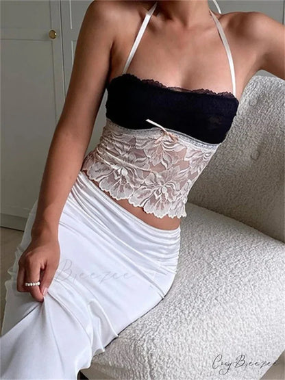 Lace Halter Tie-up Backless Patchwork Tank Top BLACK / S croptop-250126