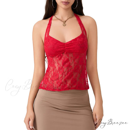 Lace Halter Tie-Up Crop Top red1 / S croptop-250223
