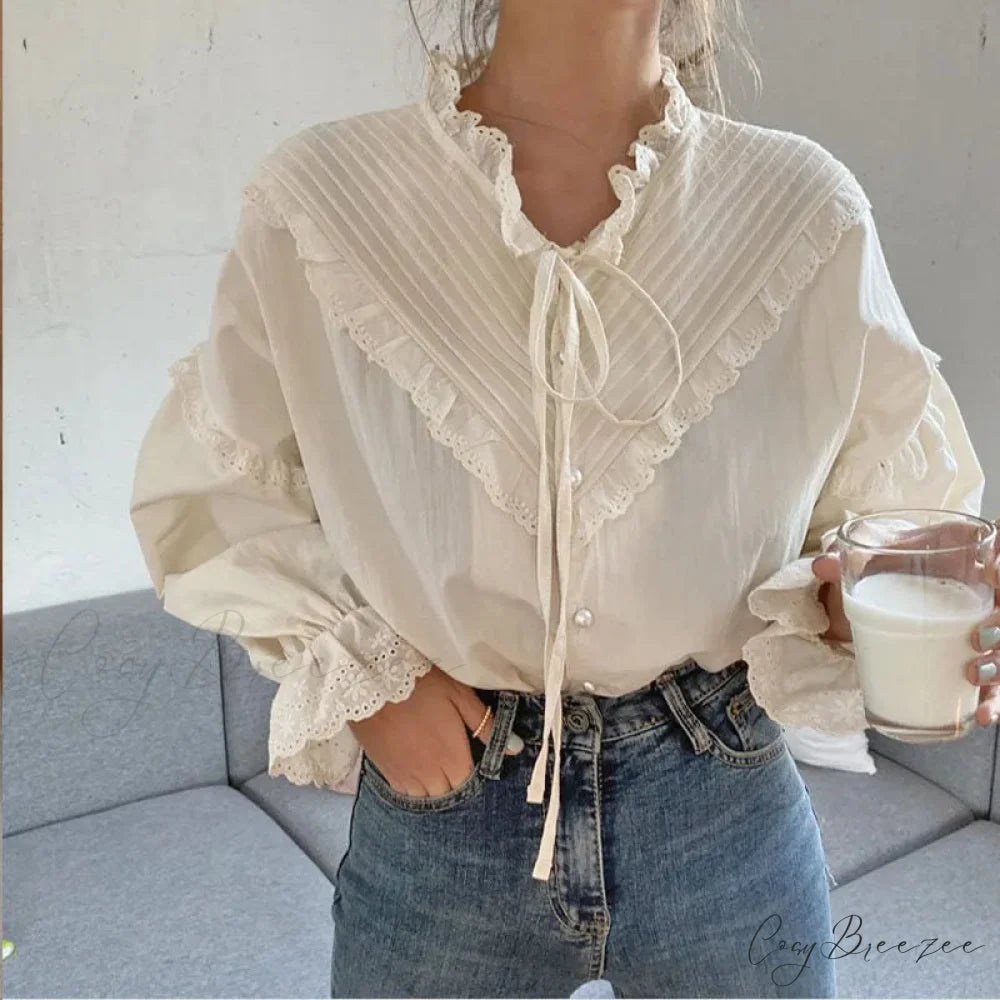 Lace Hollow-Out Extended Sleeve Shirt blouse-250223