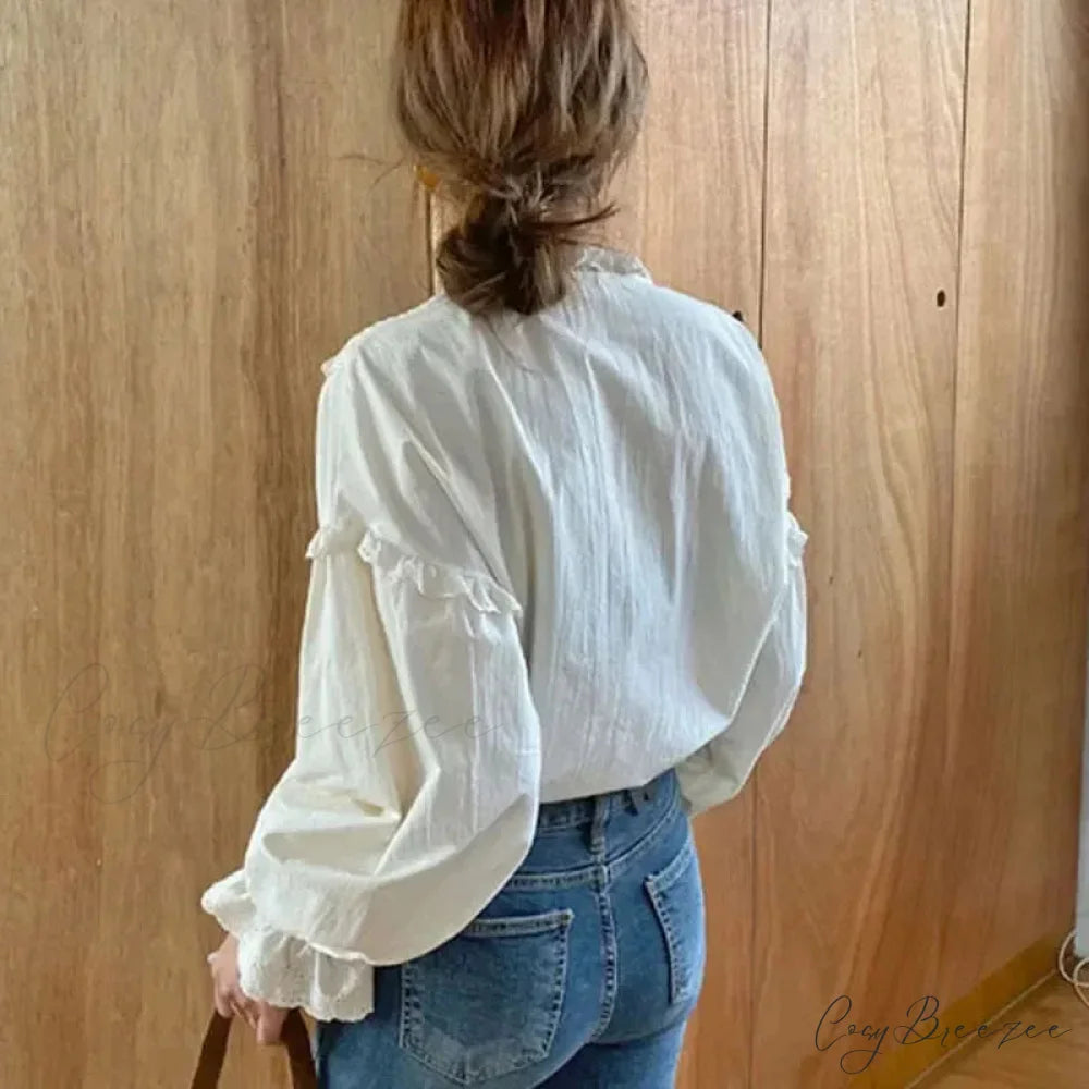 Lace Hollow-Out Extended Sleeve Shirt blouse-250223