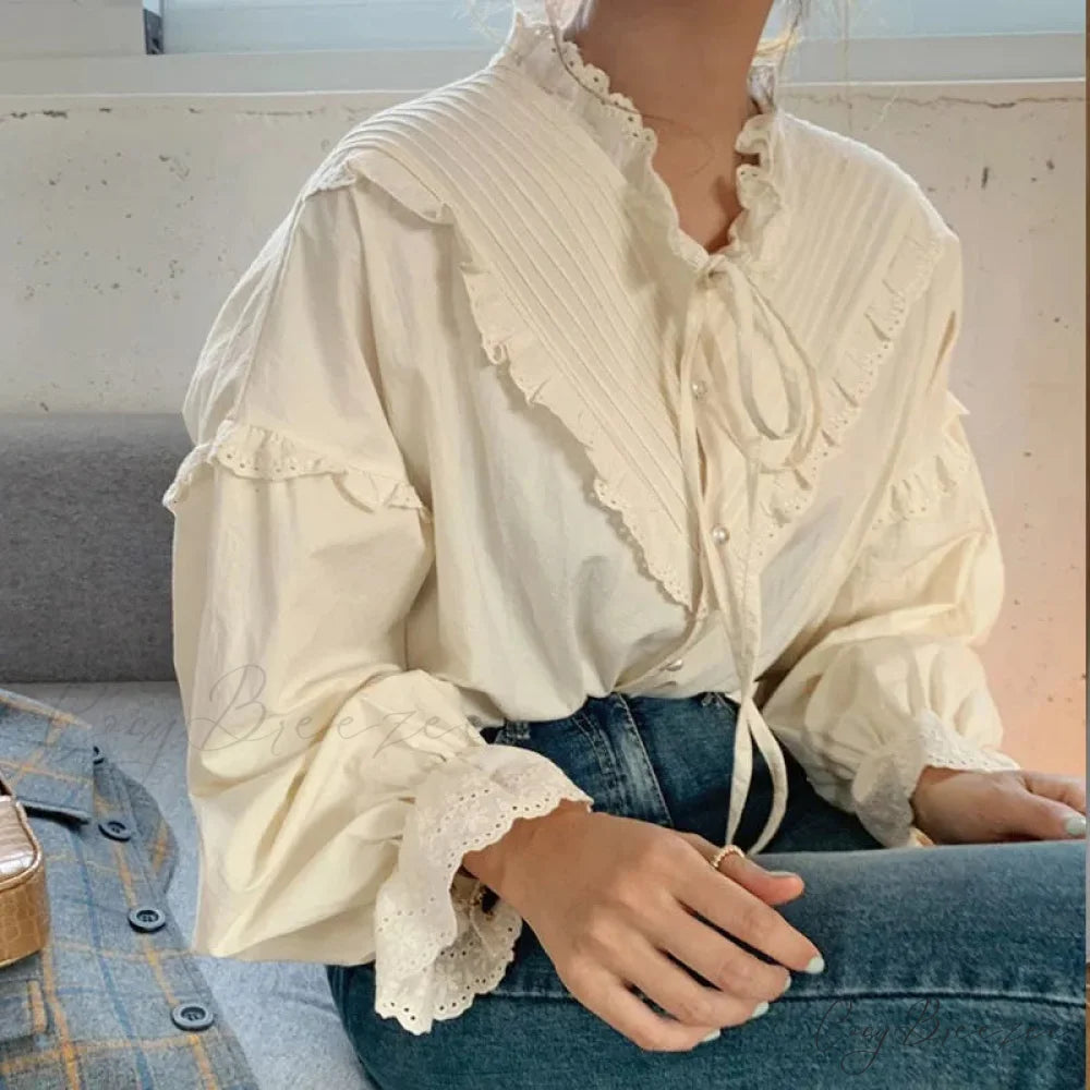 Lace Hollow-Out Extended Sleeve Shirt blouse-250223