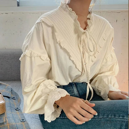 Lace Hollow-Out Extended Sleeve Shirt blouse-250223
