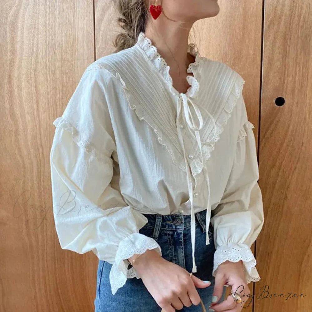 Lace Hollow-Out Extended Sleeve Shirt blouse-250223