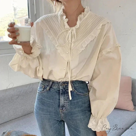 Lace Hollow-Out Extended Sleeve Shirt WHITE / S blouse-250223