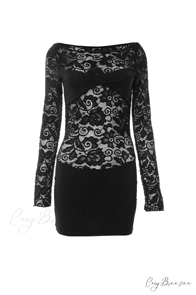 Lace Hollow Out Long Sleeve Pack Hip Dress