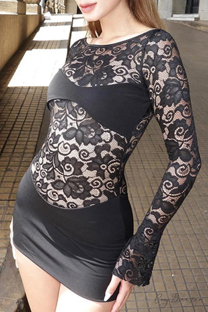 Lace Hollow Out Long Sleeve Pack Hip Dress