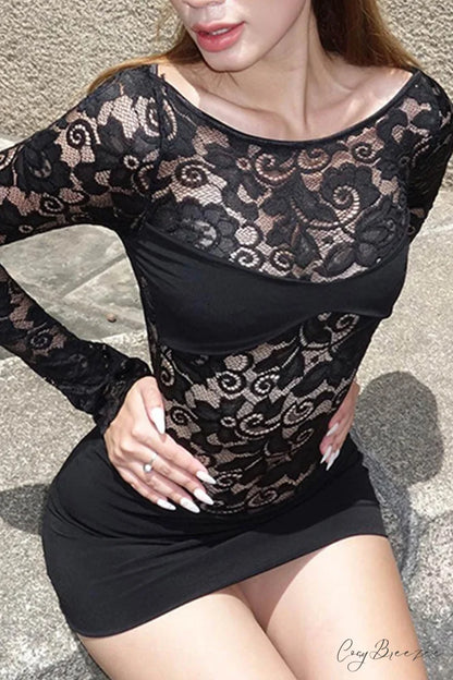 Lace Hollow Out Long Sleeve Pack Hip Dress Black / L