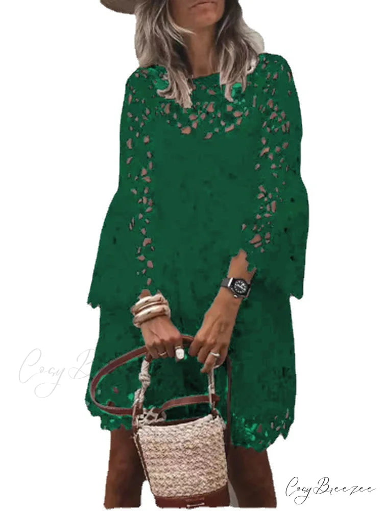 Lace Long Sleeve Hollow Dress with Round Neck S / Burgundy
