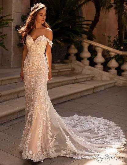 Lace Mermaid Outdoor Wedding Dress white / 2 weddingdress-250223
