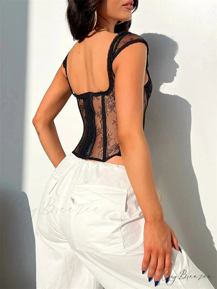 Lace Mesh Sheer Sleeveless V-neck Crop Top croptop-250126