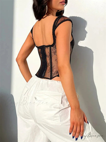 Lace Mesh Sheer Sleeveless V-neck Crop Top croptop-250126