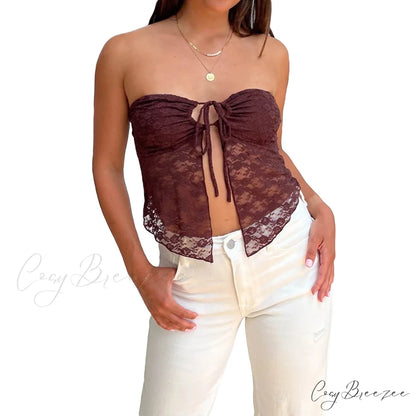 Lace Off-Shoulder Sleeveless Backless See-Through Stylish Elegant Chic Crop Top Black / S