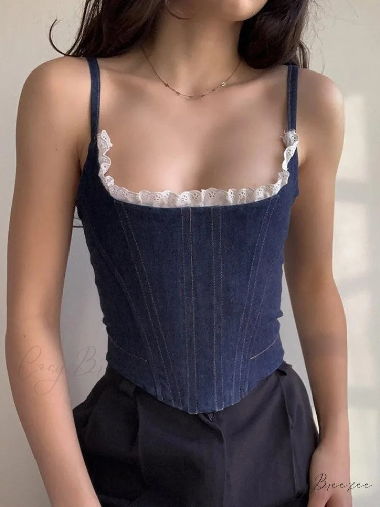 Lace Paneled Dalmatian Trendy Print Strap Mini Dress Blue / S
