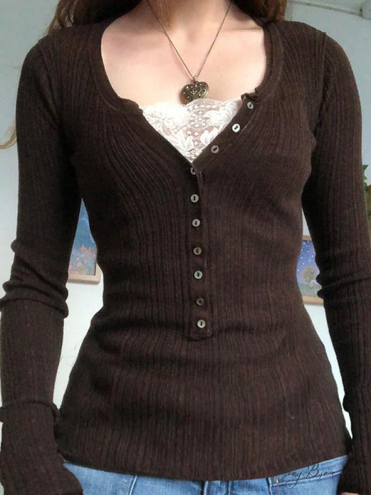 Lace Paneled Graceful Brown Tank Top Brown / S
