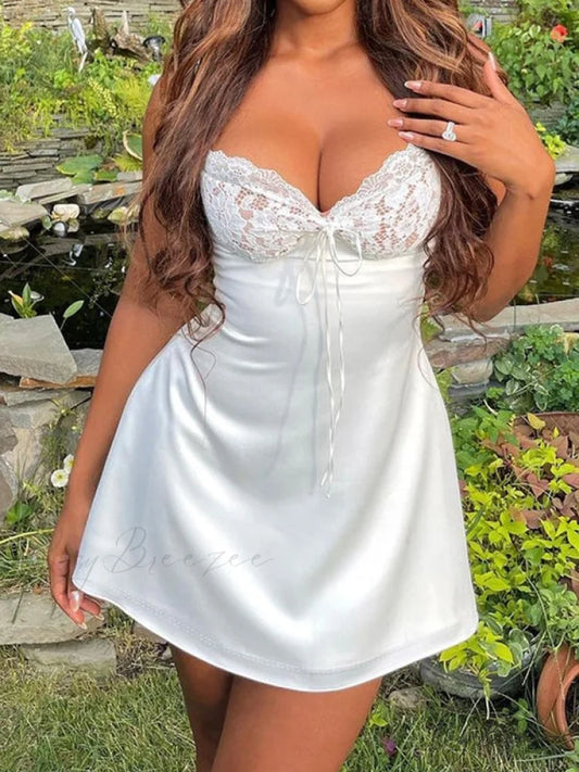 Lace Paneled Graceful Sleeveless Mini Dress White / S