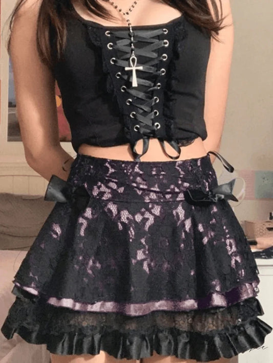 Lace Paneled Strappy Trendy Floral Mini Dress Purple / S