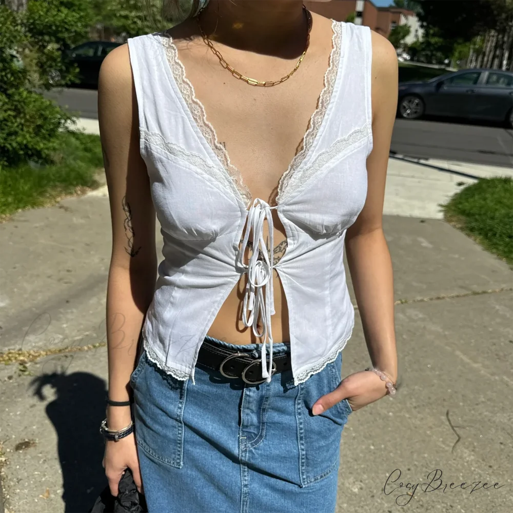 Lace Patchwork Bow Tie Crop Top WHITE / S croptop-250223
