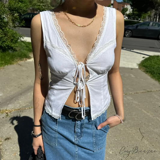 Lace Patchwork Bow Tie Crop Top WHITE / S croptop-250223