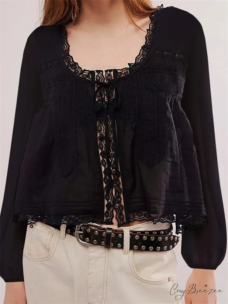 Lace Patchwork Button Tie-Up Shirt black / S blouse-250223