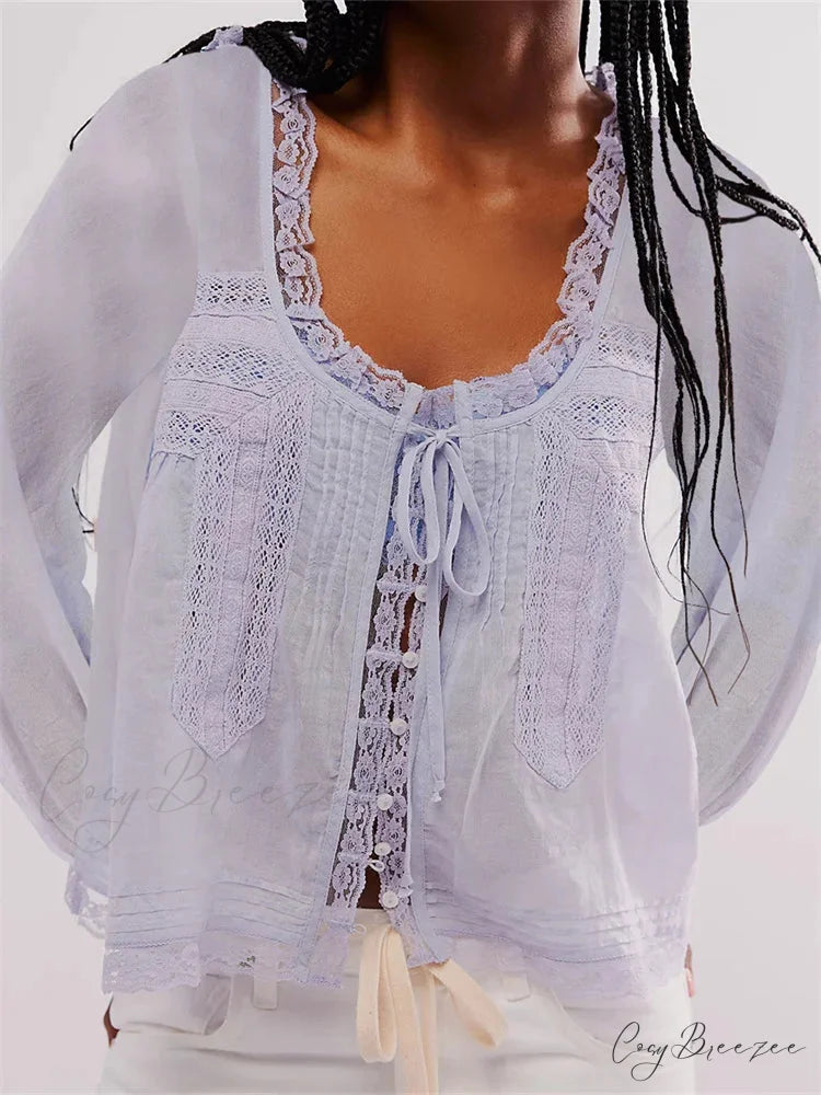 Lace Patchwork Button Tie-Up Shirt blue / S blouse-250223