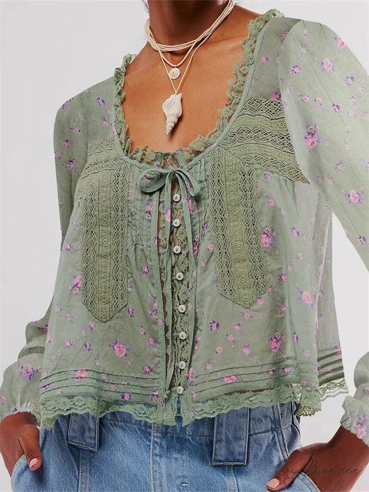 Lace Patchwork Button Tie-Up Shirt dark green / S blouse-250223