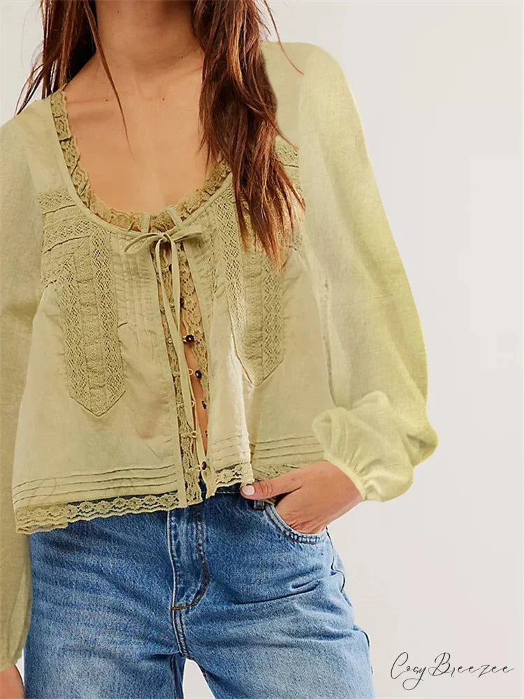 Lace Patchwork Button Tie-Up Shirt green / S blouse-250223