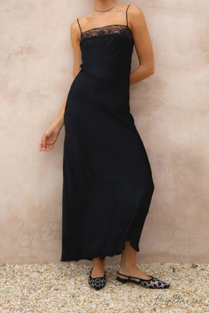 Lace Patchwork Cami Dress in Black Black / L