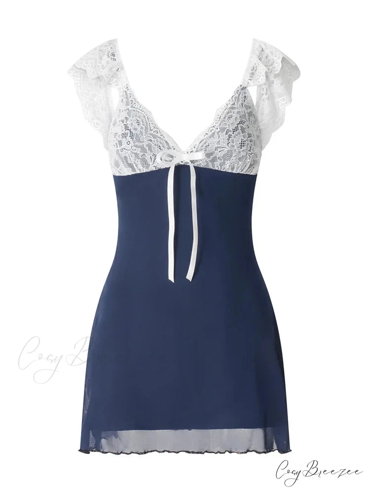 Lace Patchwork Deep V neck Sleeveless Strap Mini Dress