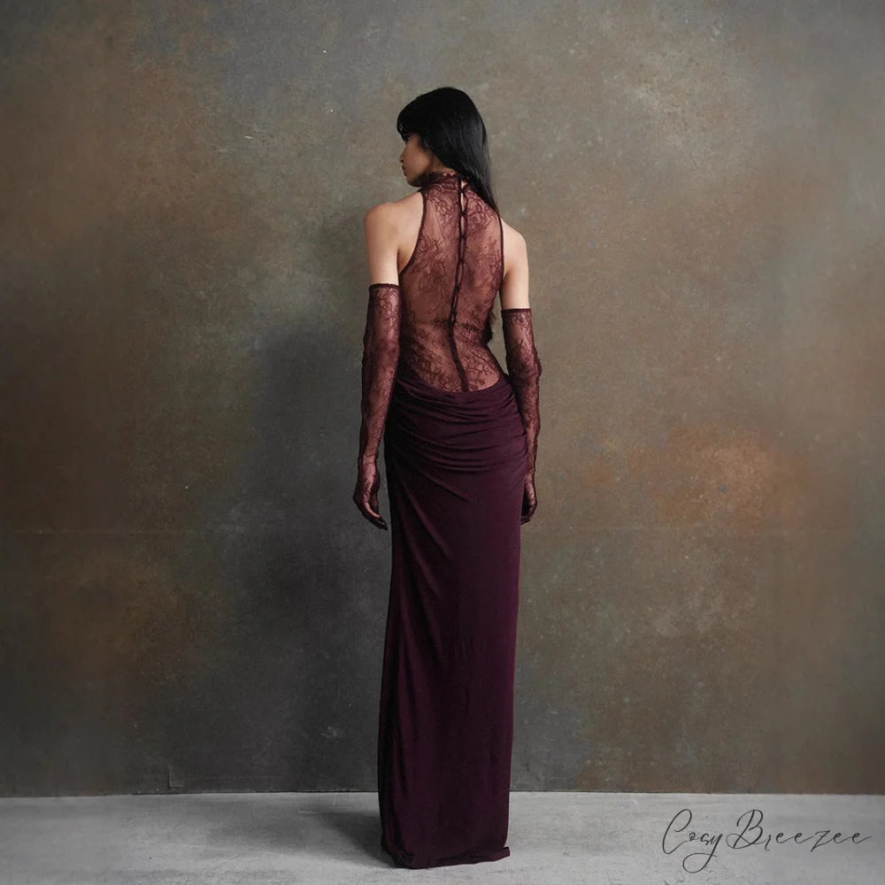 Lace Patchwork Deep V Ruched Prom Dress promdress-250223