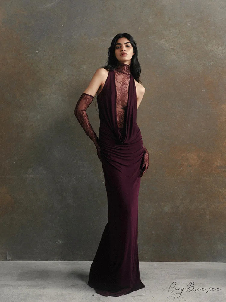 Lace Patchwork Deep V Ruched Prom Dress purple / XS promdress-250223