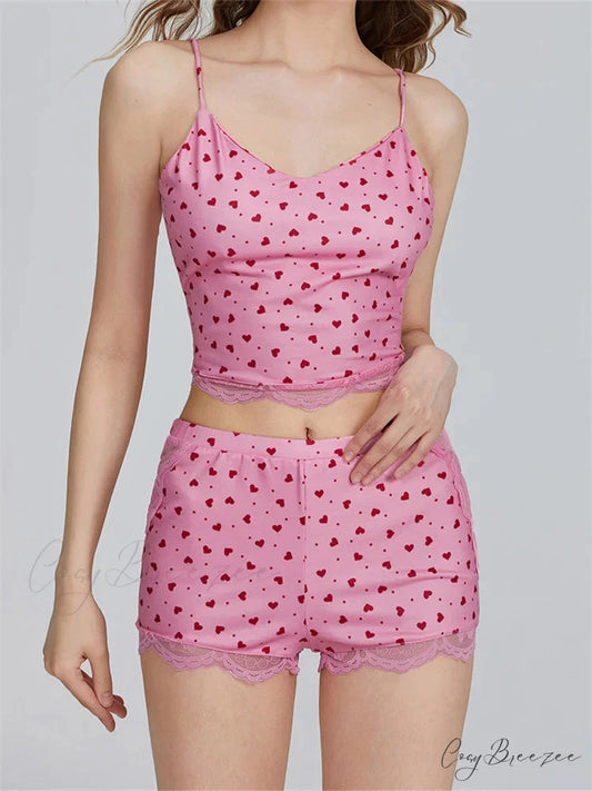 Lace Patchwork Heart Print Camis Top with Casual Shorts Pajama Set A / S twopiecesset-250126