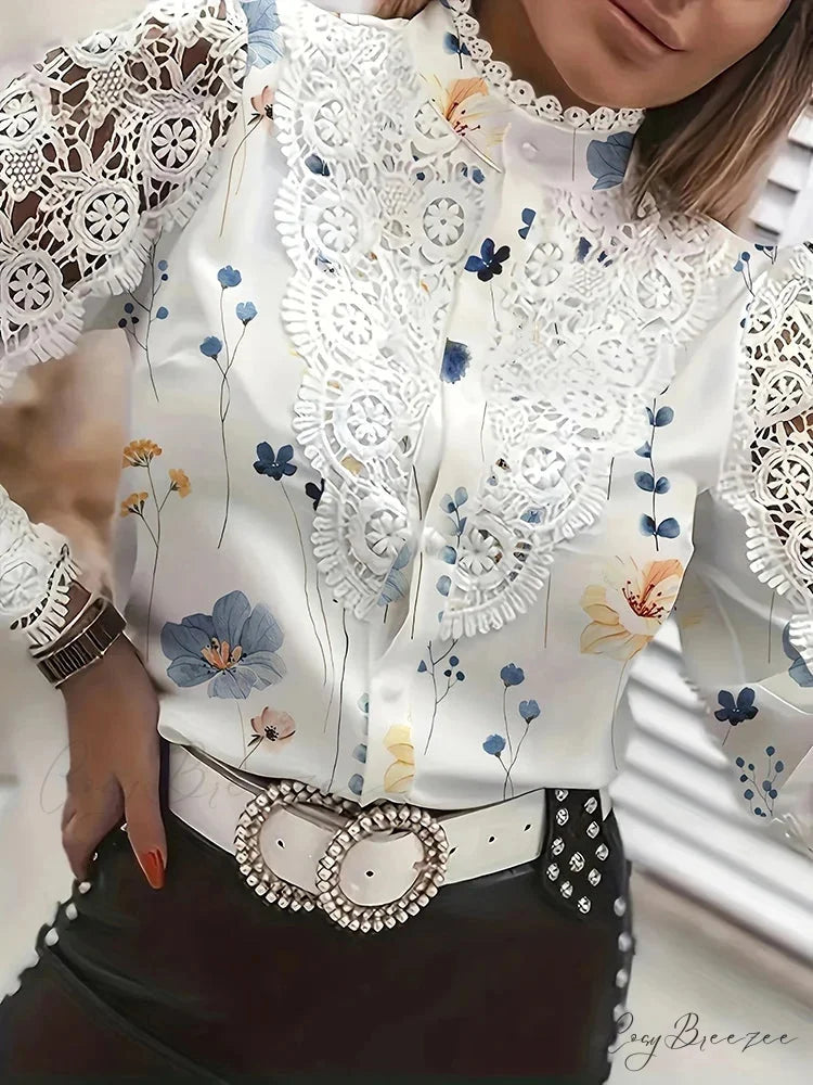 Lace Patchwork Hollow Out Button-Up Office Blouse blouse-250126