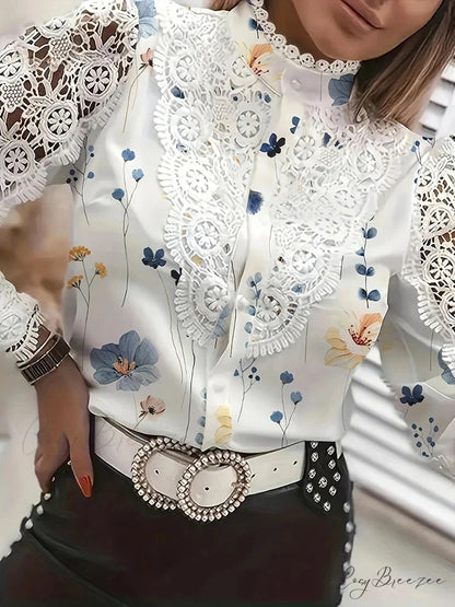 Lace Patchwork Hollow Out Button-Up Office Blouse blouse-250126