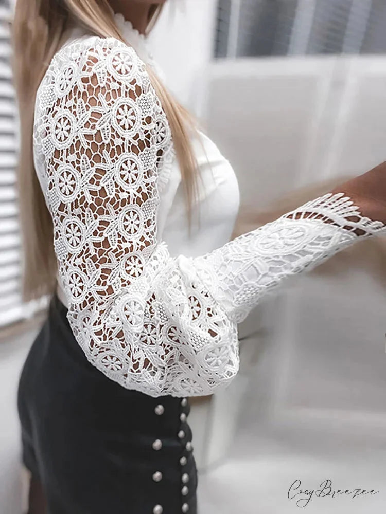 Lace Patchwork Hollow Out Button-Up Office Blouse blouse-250126