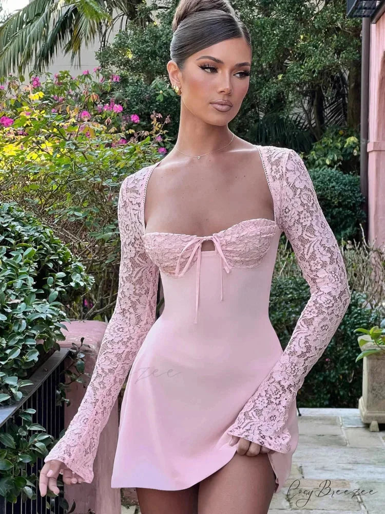 Lace Patchwork Long Sleeve Mini Dress minidress-250223