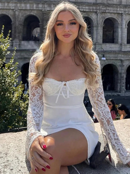Lace Patchwork Long Sleeve Mini Dress White / S minidress-250223