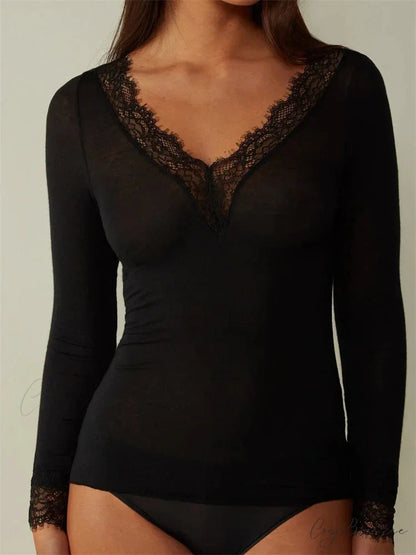 Lace Patchwork Long Sleeve V-neck Casual T-shirts BLACK / S